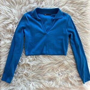 Zara Long Sleeve Polo Crop Top Women's Size Large (L)